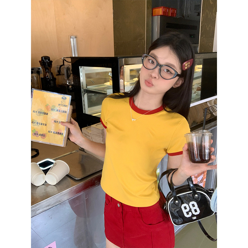 Hot Girl American Apple Print Contrasting Color Right Shoulder Short-Sleeved T-Shirt for Women 2025 Summer New T-Shirt Top