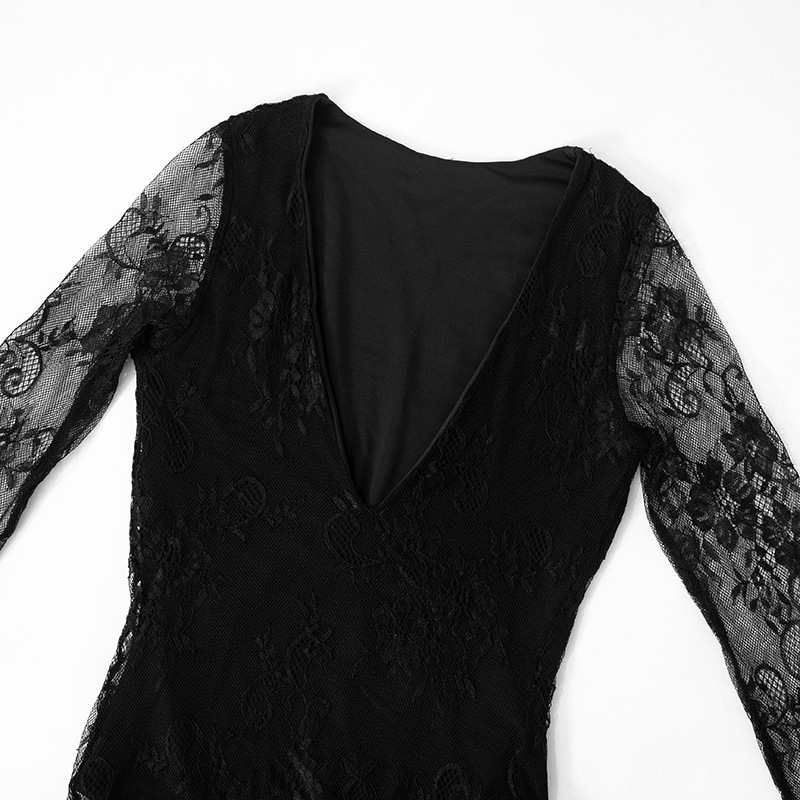 Women Clothing Deep V Plunge Lace Stitching Lining Base Sexy Dress