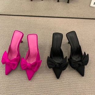 2024 New Foreign Trade European and American High Heel Baotou Bow Slippers Women's Thin Heel Pointed plus size Cross-border Slippers