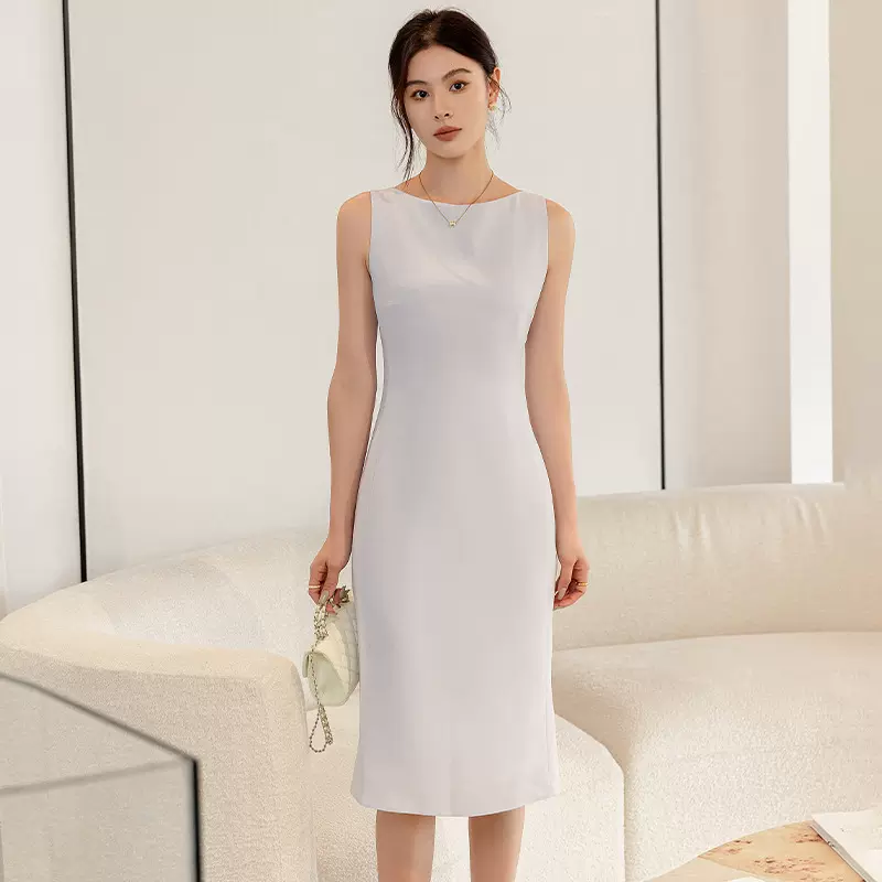 TH款无袖三醋酸连衣裙极简风经典款2026年夏季通勤百搭鱼尾裙女