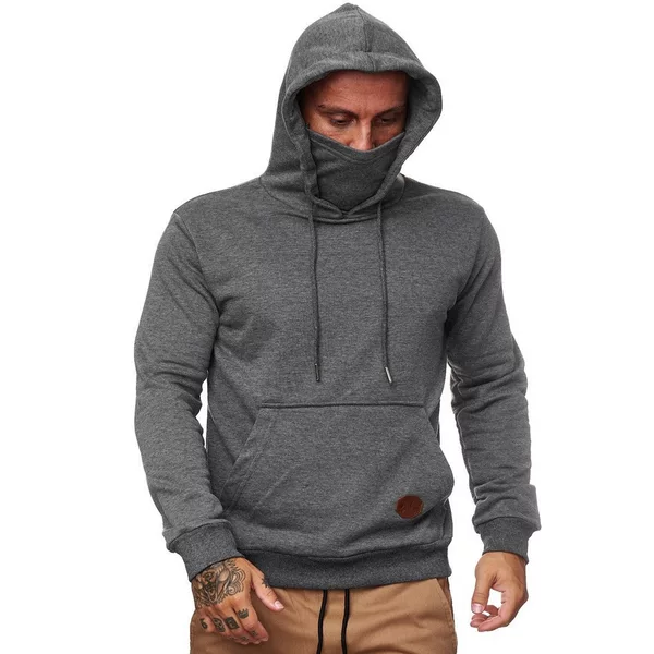 2024 Amazon Aliexpress Hot Selling Men's Fashion Casual Solid Color Face Mask Cloth Pocket Hooded Long Sleeve Sweatshirt Wholesale