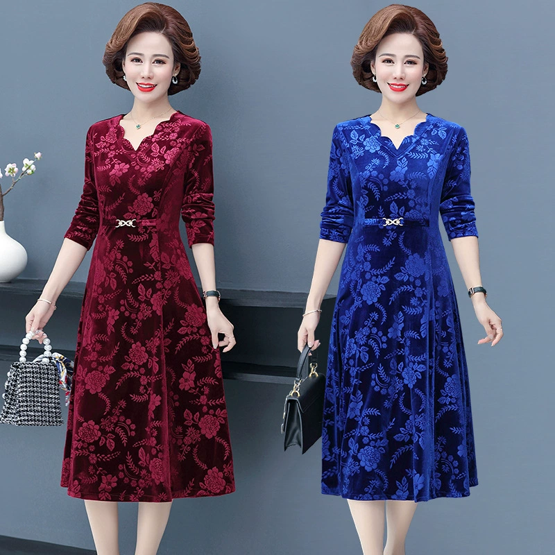 2025 Весна и осень Новый стиль Платье для мам Модная женская весенне-осенняя бархатная юбка с длинным рукавом среднего возраста Женская длинная юбка