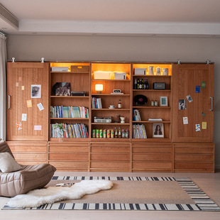 Nordic Simple Solid Wood Wall-To-Wall Bookcase Combination Display Cherry Wood Barn Door High Cabinet Living Room Booth Bookshelf Cabinet