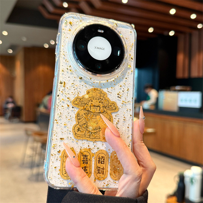 Huawei Mate 80 Pro Max Phone Case Gold Foil Blessing Good Fortune God Of Wealth Premium Feel Anti Drop Transparent Case Compatible With Mate 60 Pro_voghion.com