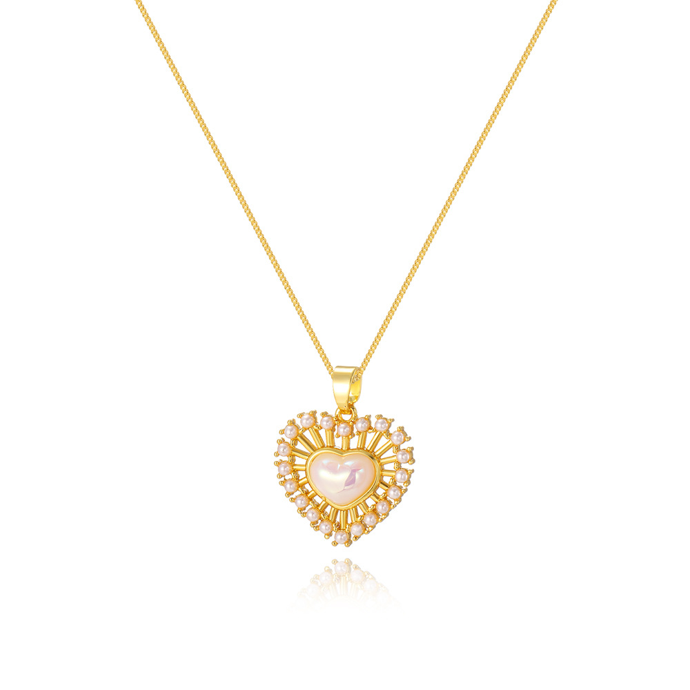 1 Piece Quantity Wholesale Jewelry Elegant Heart Shape Copper Artificial Pearls Zircon Pendant Necklace Box Chain