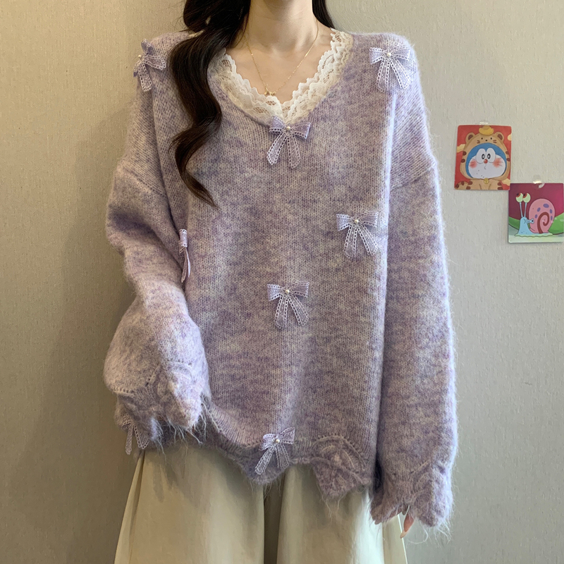 2025 Autumn and Winter Lace Butterfly Design Sweater Large Size Purple Jacket Slim Knitted Top Loose