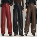 专柜皮裤女秋冬季新款直筒宽松阔腿裤绵羊皮皮裤高腰垂感长裤