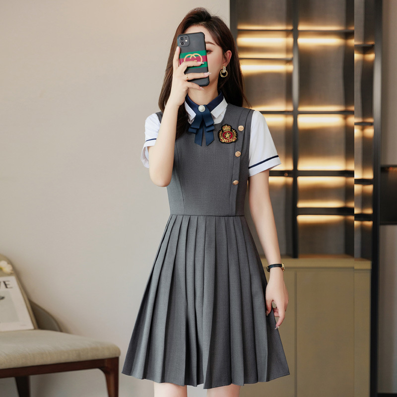 学院风百褶连衣裙女夏季幼儿园老师园服幼师工作服职业演讲比赛服