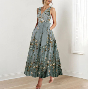 Evening Dress 2025 New Sexy Deep V Sleeveless Flower Dress Slim Large Swing Skirt Prom Long Dress for Women