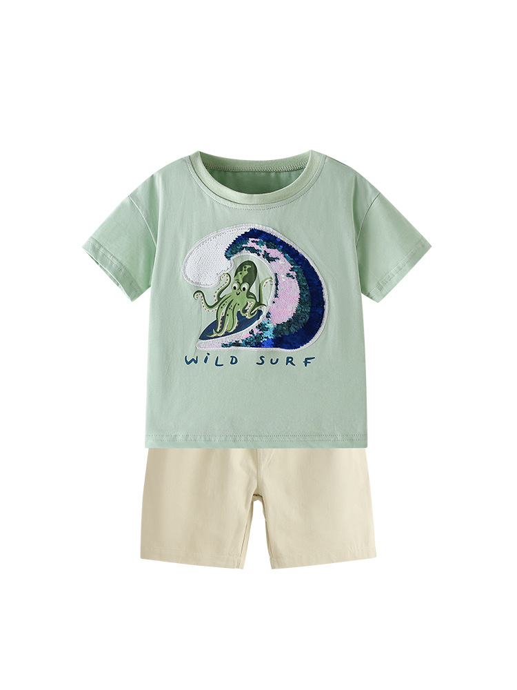 Malwee transfronterizo juego de niños de verano nuevo guapo cuello redondo camiseta europea y americana para niños de mediana edad ocio dos piezas juego