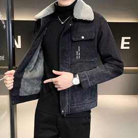 加绒加厚牛仔外套男时尚冬季新款潮流修身帅气羊羔毛棉衣翻领夹克