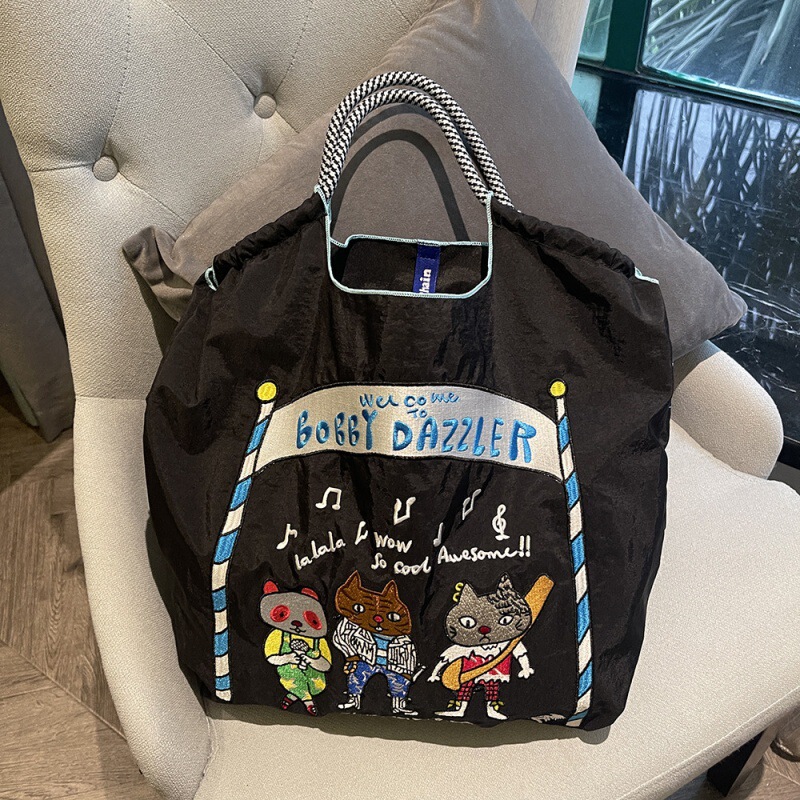 日本製自家製ボールチェーン環境に優しいショッピングバッグナイロン布刺繍フラワーポータブルキャンバスバッグナイロンショッピングバッグ|undefined