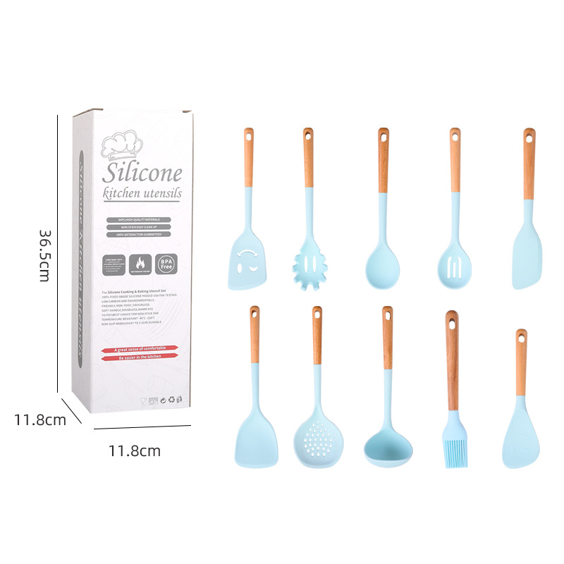 Suministros de cocina cara sonriente mango de madera de estilo europeo sartén antiadherente espátula de silicona conjunto de 10 piezas azul traje de utensilios de cocina resistente a altas temperaturas