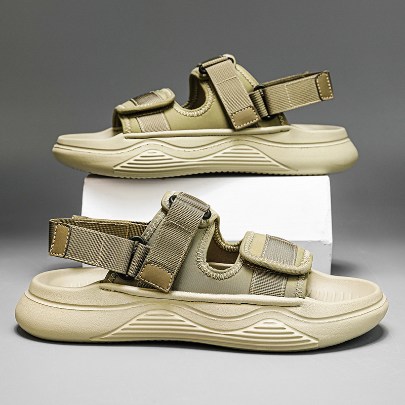 Sandalias de nuevo estilo para hombre, zapatos de playa de ocio deportivos de plataforma transpirables, zapatillas de color sólido antideslizantes al aire libre con velcro