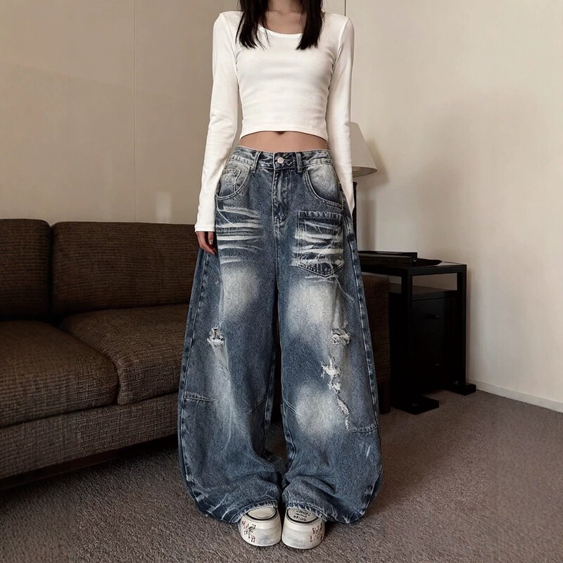 American Retro Washed Whiskered Ripped Jeans for Men and Women, New Low-Waist High-End Loose Versatile Wide-Leg Banana Pants
