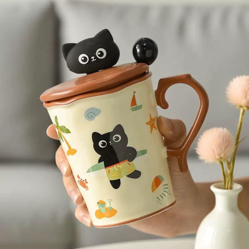 卡通可爱马克杯带盖子大容量创意复古设计感小众女生下午茶咖啡杯