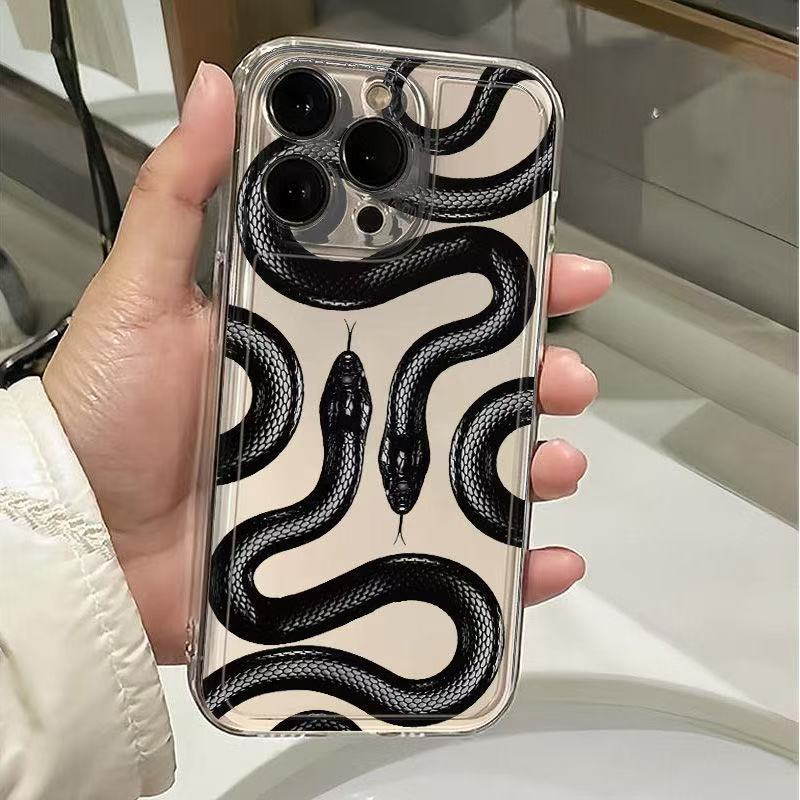 Creativa serpiente negra para iphone16promax funda para teléfono móvil transparente Apple 15 anti-caída 14pro Europa y América 13/12