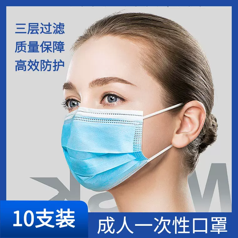 一次性口罩 蓝色三层含熔喷布防护防尘成人口罩 10支装防护口罩