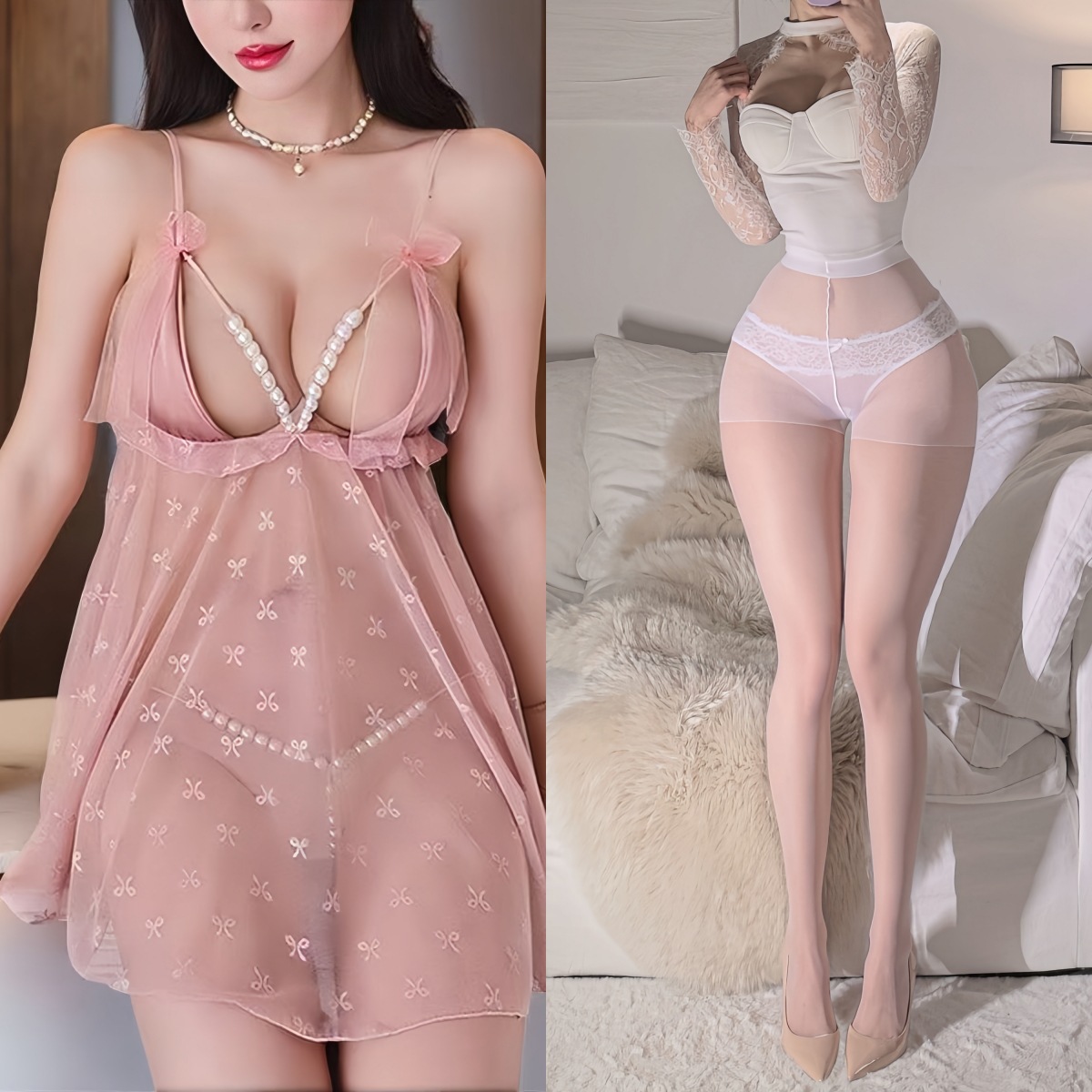 핑크 + 흰색 팬티 스타킹
