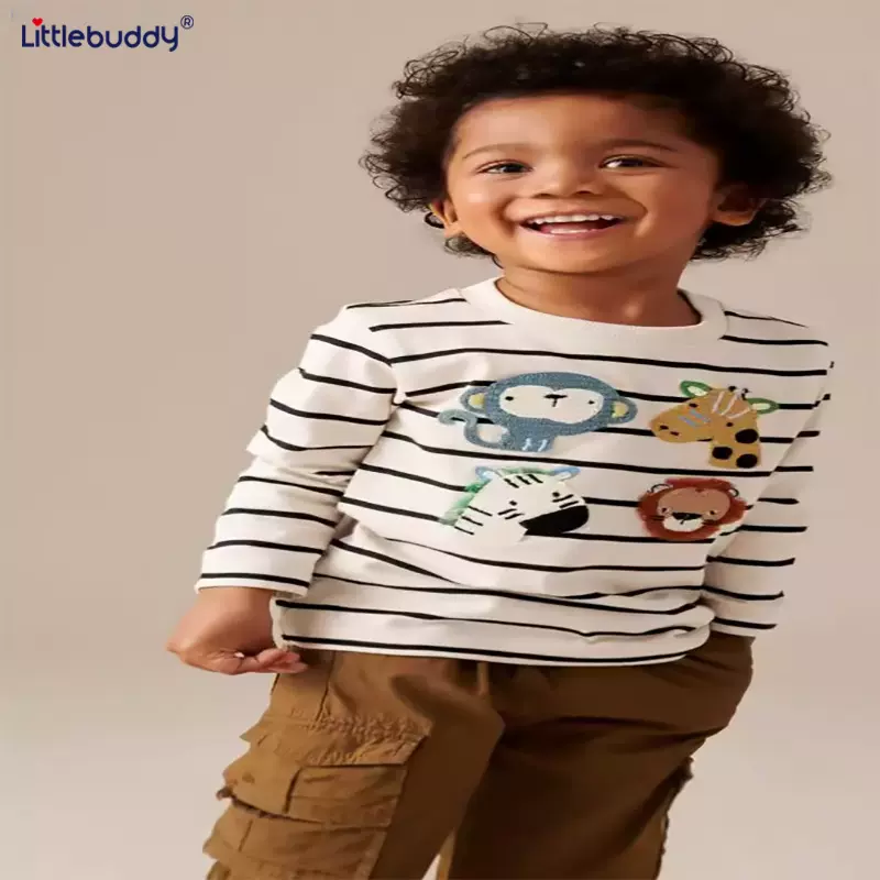 littlebuddy秋冬条纹拉架长袖儿童T恤欧美风棉2-7岁圆领
