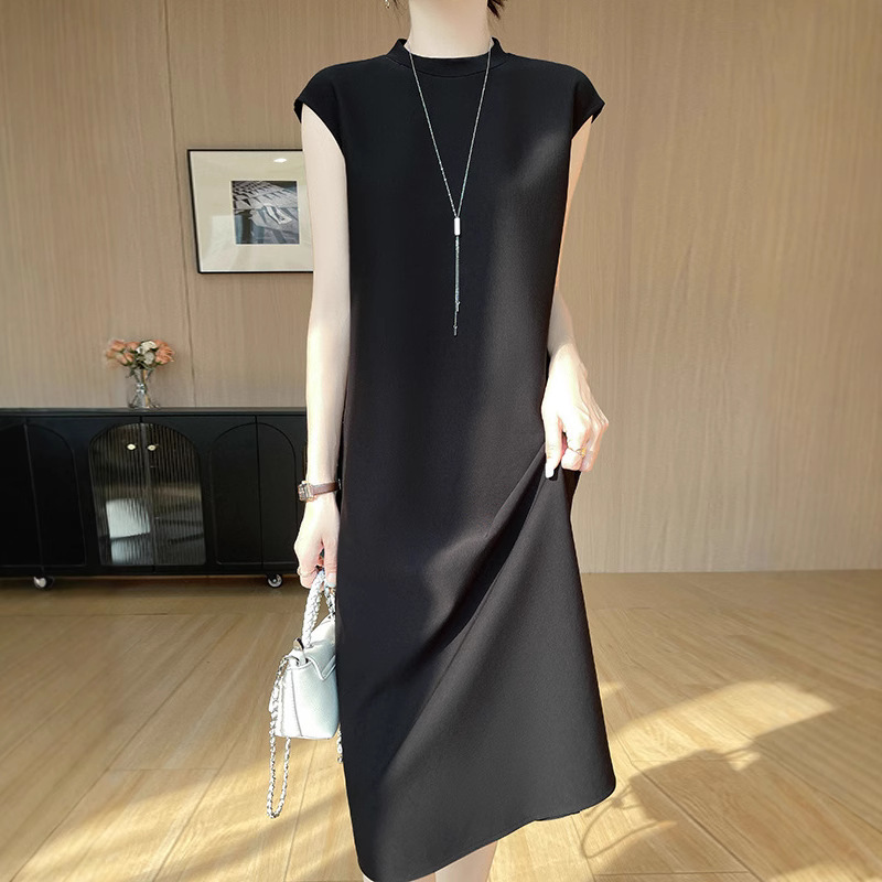 Light Luxury, Simple, Casual, Loose, Flying Sleeve Dress, Feminine Pure Color Draped, Slimming Look, Knee-Length Long T-Shirt Skirt