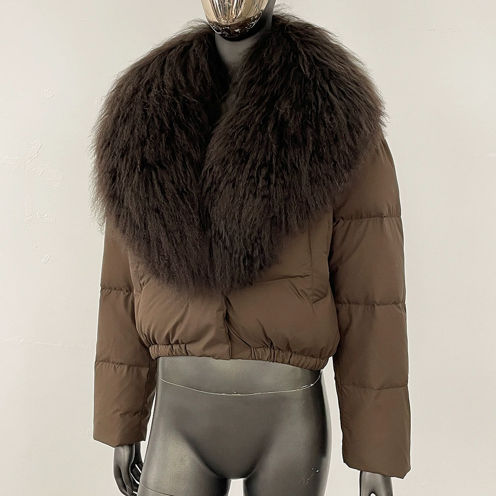Down jacket Elite, velvet‑woolen shell, white duck down fill, detachable lamb‑wool collar