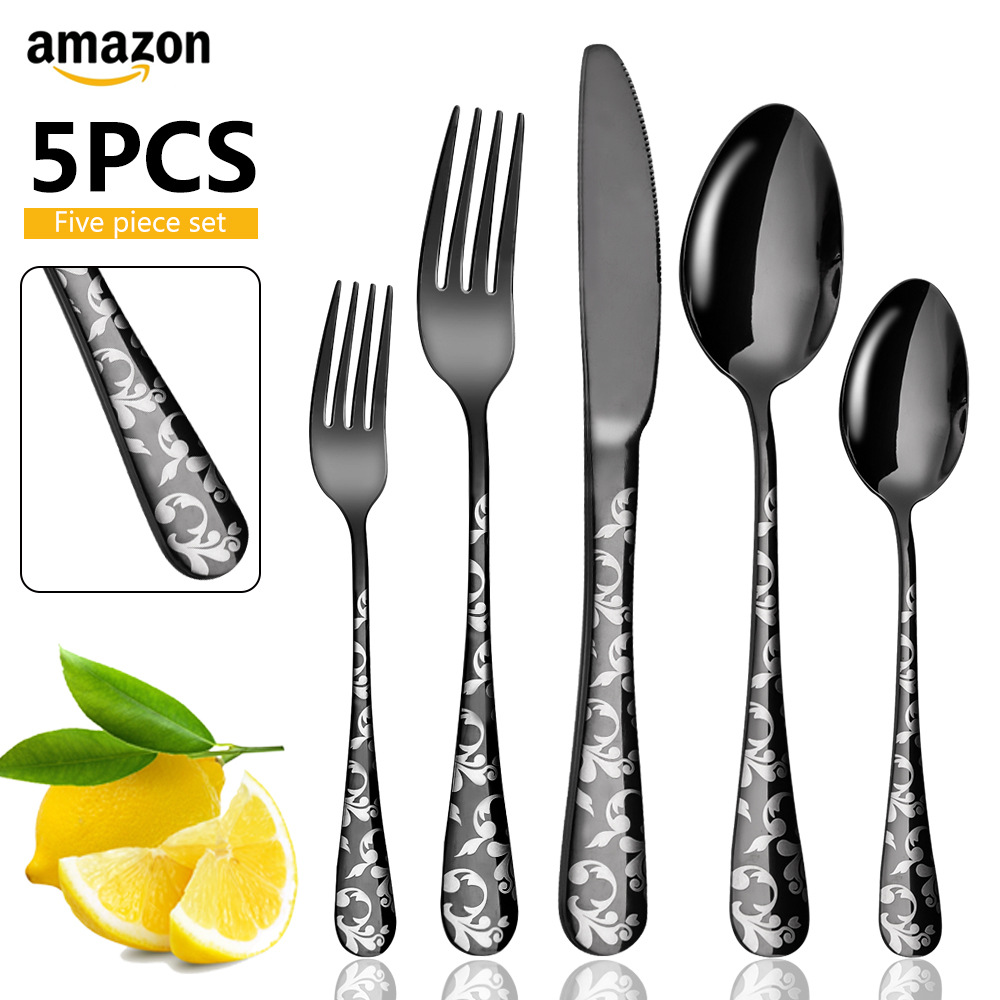 Patterned stainless steel tableware set 5-piece set creative Western-style steak knife fork spoon 5 components Amazon cross-border supply