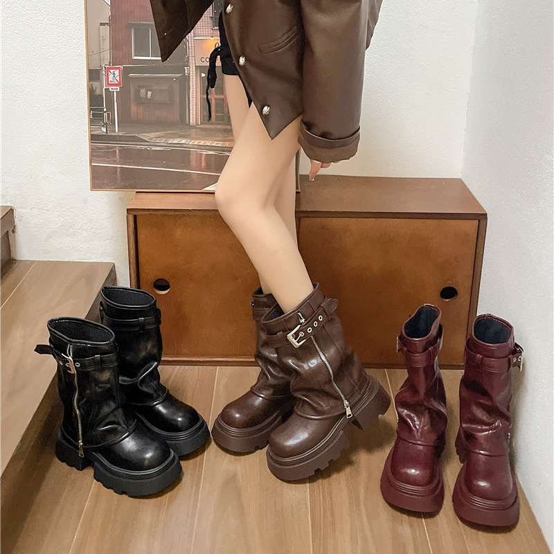 BOTAS Martin de fondo grueso nuevas botas vaqueros occidentales retro en otoño e invierno 2024, hebillas de cinturón, botas de pantalón apiladas en tubos medios