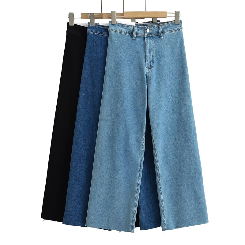 European and American Style Spring and Autumn New Wide Leg Jeans Women's Straight High Waist Stretch French Style Navy Style Retro Micro-blazer Trousers