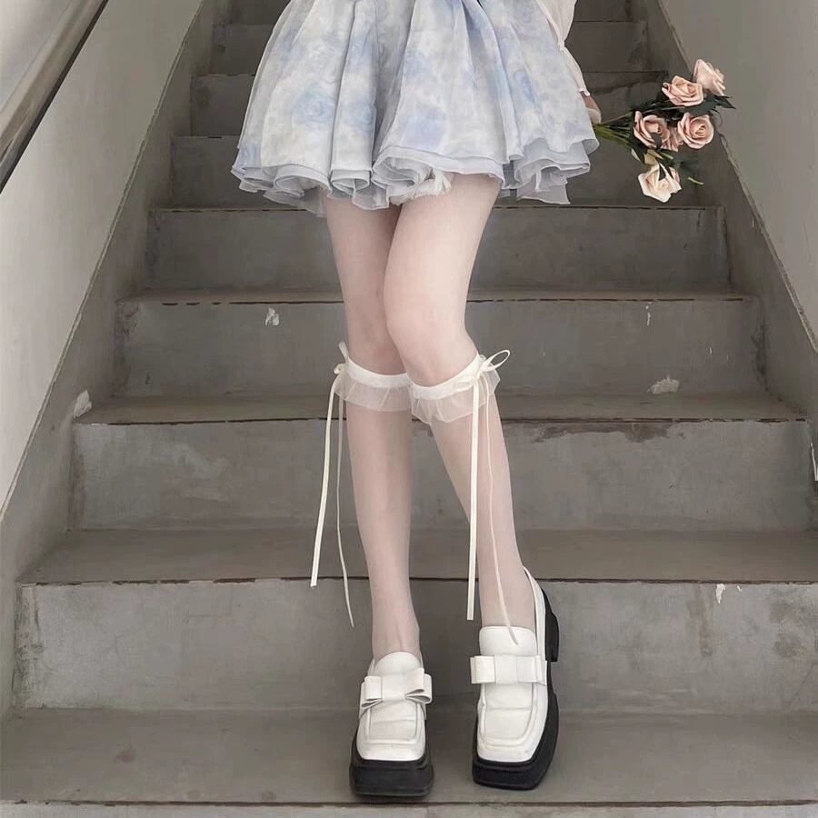 Летние милые белые носки до колена с бантом, стильLolita, средняя длина