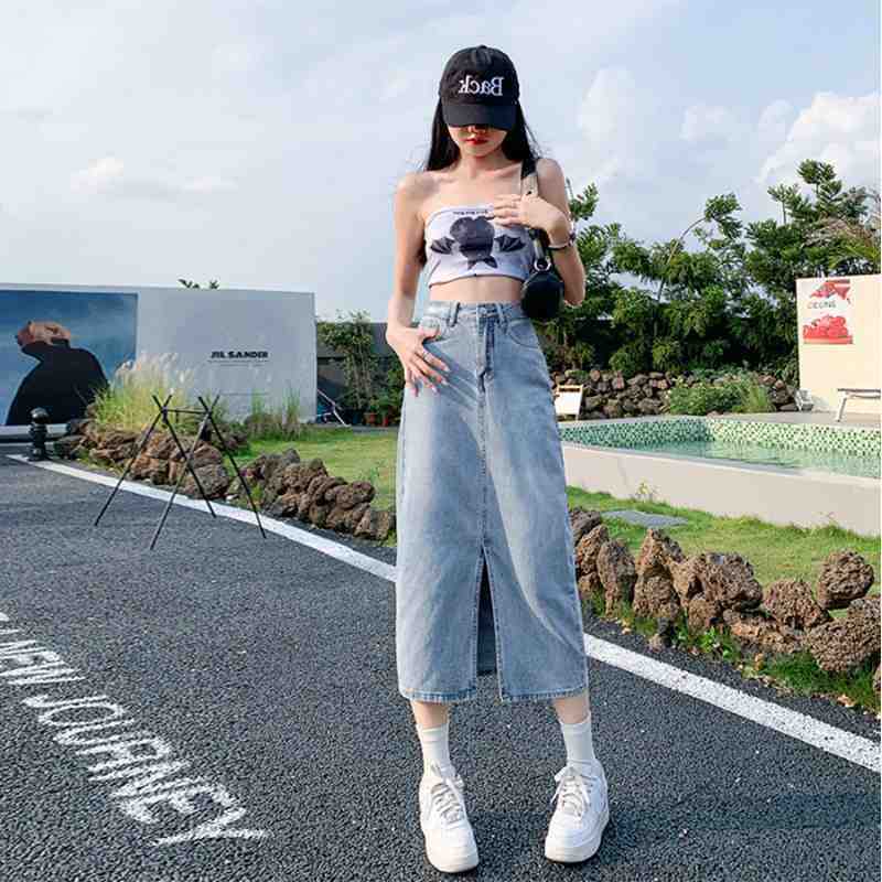 复古高腰牛仔半身裙女2024夏季新款高腰显瘦开叉a字中长款包臀裙