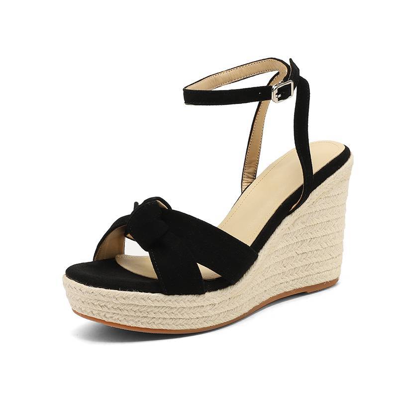 Sandal cao gót nữ hở mũi đế xuồng đan rơm, gót 9 cm — màu đen, màu mơ chi tiết 16