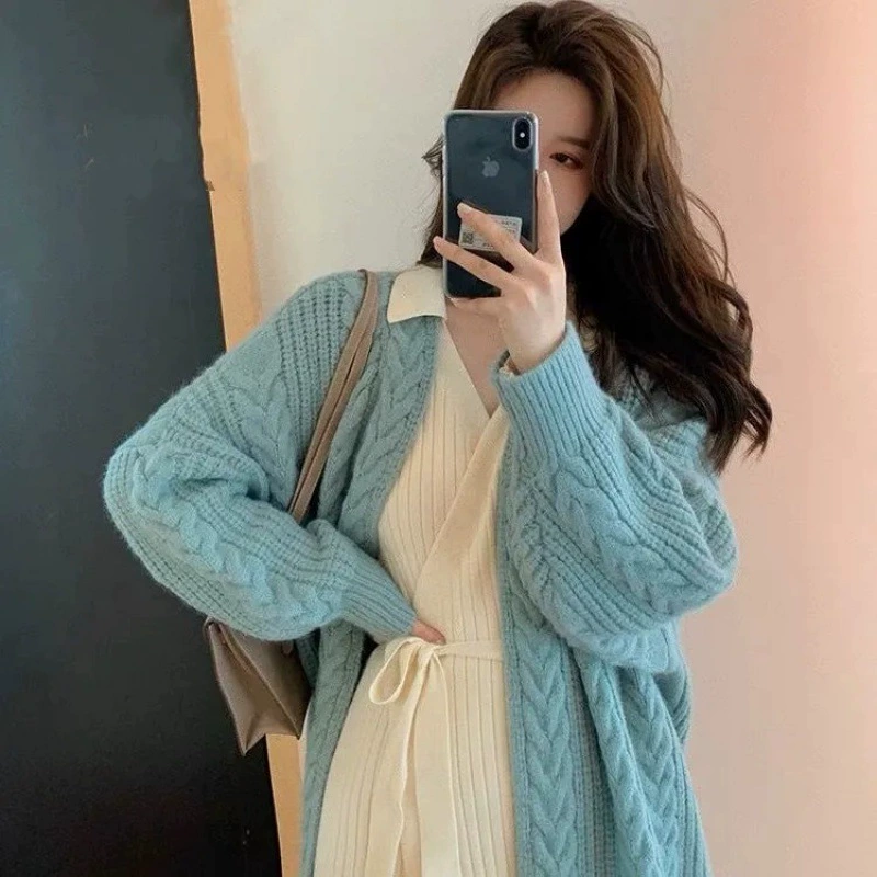 Новый винтажный Модный простой утолщенный Свободный вязаный кардиган средней длины в Корейском стиле, зимний свитер