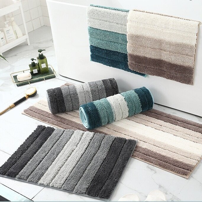 Cross-Border Flocked Floor Mat with Gradient Color Stripes for the Entrance, Upgraded Non-Slip and Water-Absorbent Carpet for Bathroom, Restroom, Bedroom, and Entryway