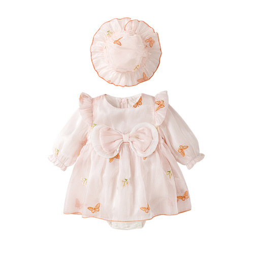 Baby clothes 0-2 years spring and autumn girls' one-piece long-sleeve butterfly diaper clothes newborn first birthday dress with skirt