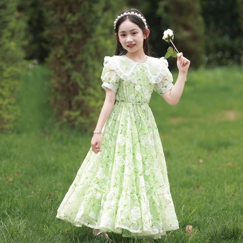 女の子花柄ドレス 2025 新しい夏の子供のプリンセスドレス女の子ファッショナブルなスカート大きな子供のシフォンロングスカート|undefined
