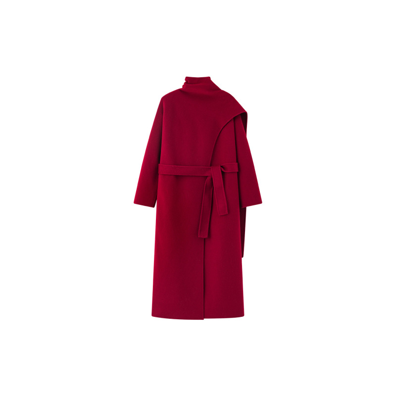 [Benchu] 25 New Year Red Wool Coat with Loose Scarf Collar and Tie, Long Style for Wedding and Zodiac Year, Double-Sided Woolen Coat