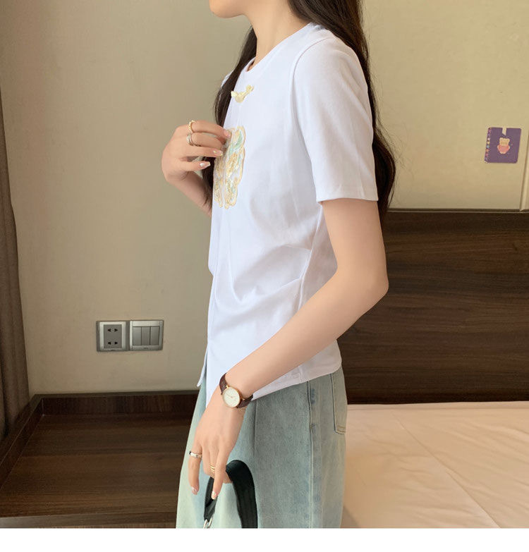 2024 Summer Embroidered Split Short Sleeve Design T-shirt New Chinese style High end Bottom Top_voghion.com