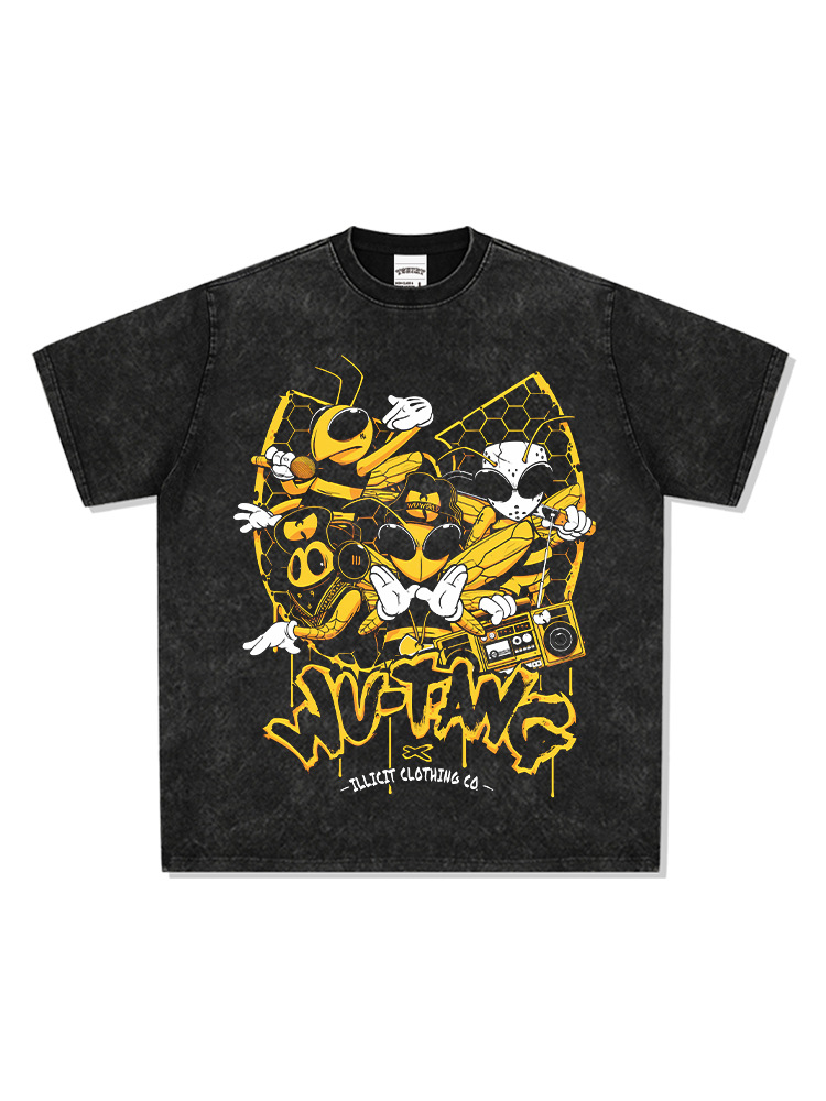 Wu-tang camiseta de manga corta retro americana con estampado lavado y desgastado suéter con capucha y cuello redondo suelto de algodón pesado