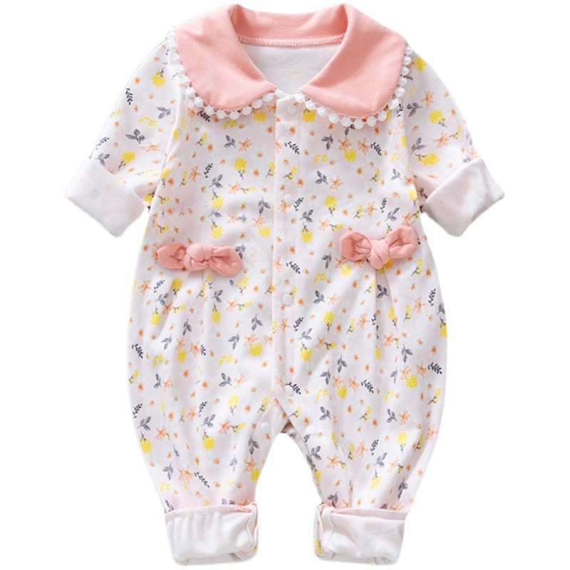 Estilo occidental bebé niña mono primavera y otoño manga larga delgada sin hueso mono floral mameluco puro algodón moda mameluco moda