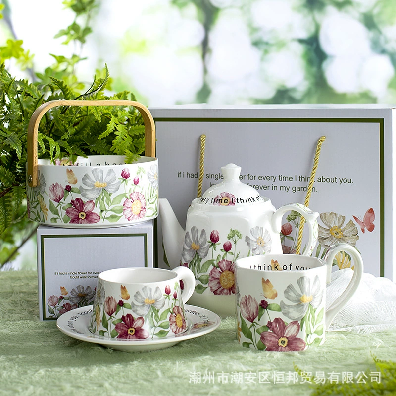 Подарочный набор на полдник в европейском флористическом дизайне Xiangyang Gift Box: чайник высокого качества, чашки, блюдце, корзина