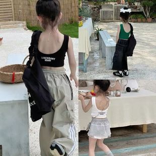 Girls Summer Vest 2025 Korean Style Children's Sweet and Spicy Dance Letters Slim Short Backless Suspender Top