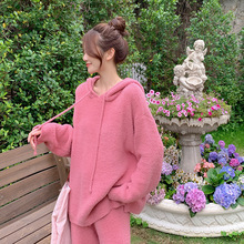 甜美纯色连帽针织毛线绒家居服软绵绵睡衣女秋冬季加厚保暖套装