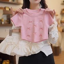 女童公主甜美洋气套装夏季蝴蝶棉上衣+白色蕾丝短裙两件套夏季新