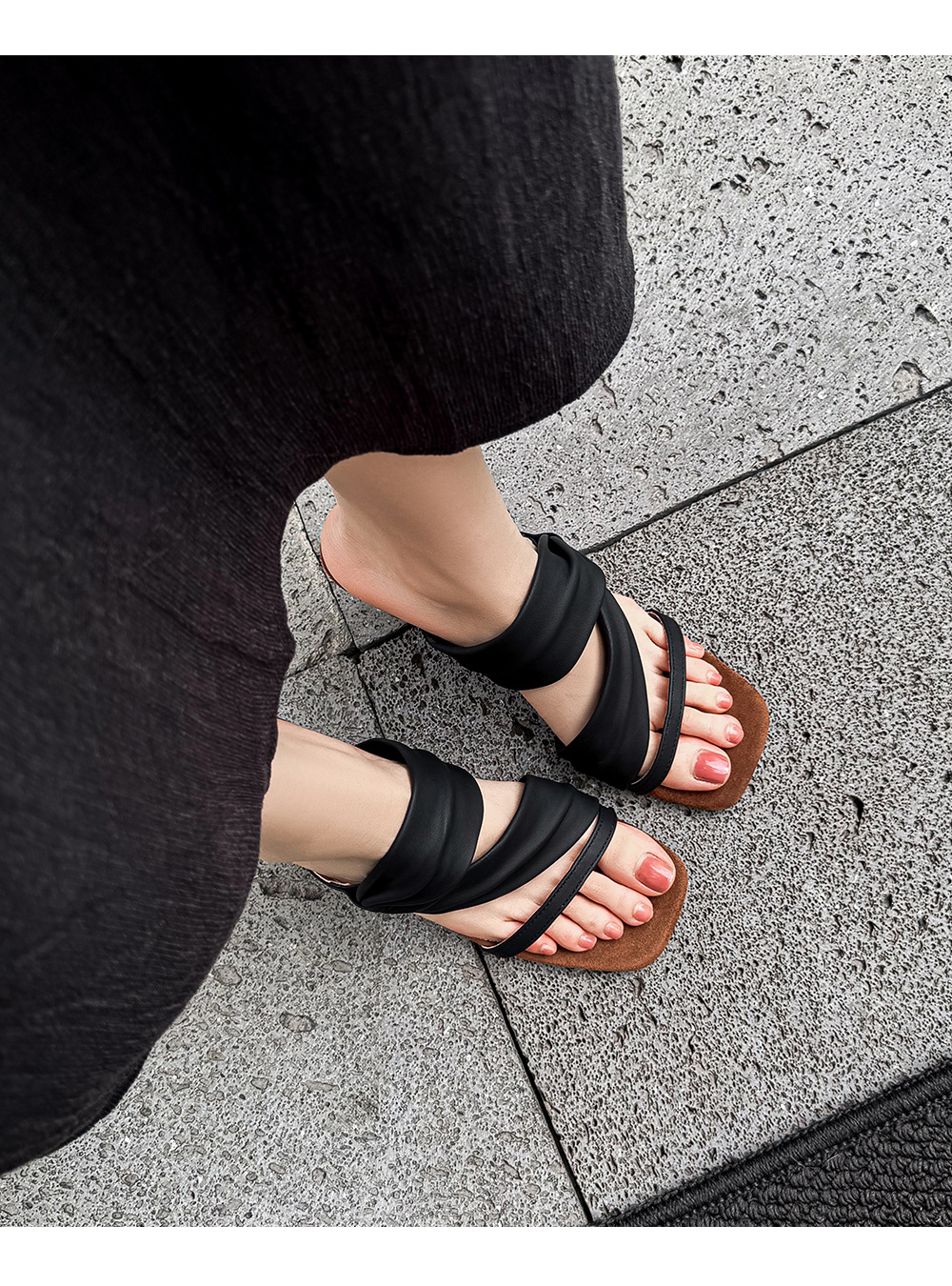 Sandal cao gót nữ mũi vuông quai ngang đế xuồng hở mũi phong cách Pháp — màu đen, màu mơ chi tiết 10