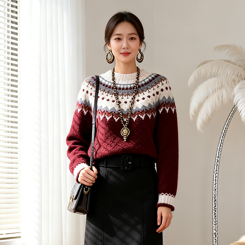 Feiyuan Soft Waxy Gentle Diamond Plaid Fairisland Sweater Women's Autumn and Winter New Christmas Red Pullover Sweater
