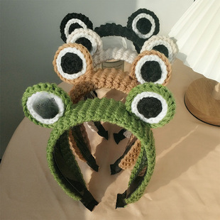 Cartoon capacious cute headband for face washing, non-slip knitted hairpins, hair accessory, big eyes, frog
