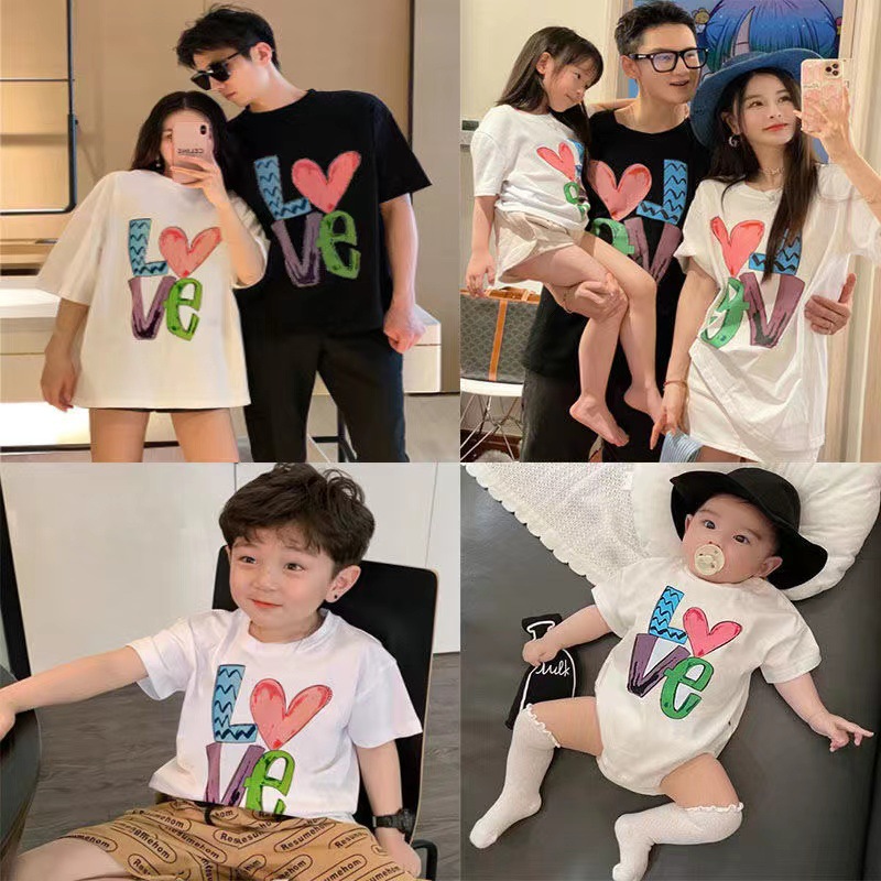 LOVEParent-child Clothing For AFamily Of Three,Summer Clothing,Babyy Mother-daughter Clothing,Foreign-style Family Portrait Short-sleeved T-shirt For AFamily Of Four