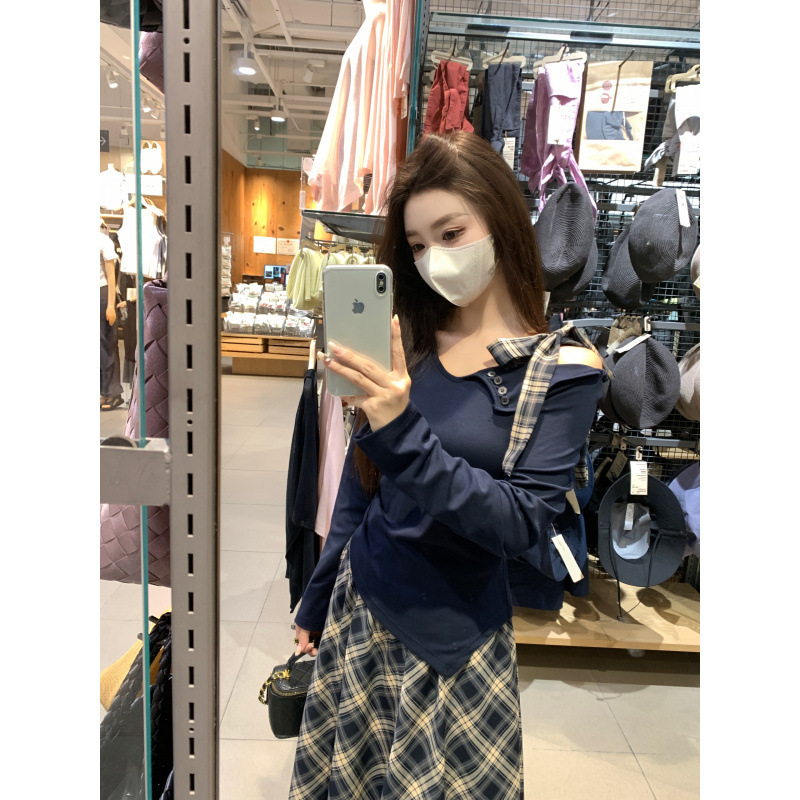 大码女装早秋新款不规则斜肩长袖上衣格纹半身裙女套装|undefined
