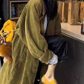 冬风衣外套女复古灯芯绒宽松设计条绒开衫上衣小众法式中长款